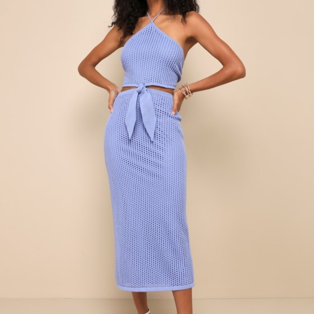 Lulus Sunny Serenity Periwinkle Crochet Cutout Halter Midi Dress Blue - Size S